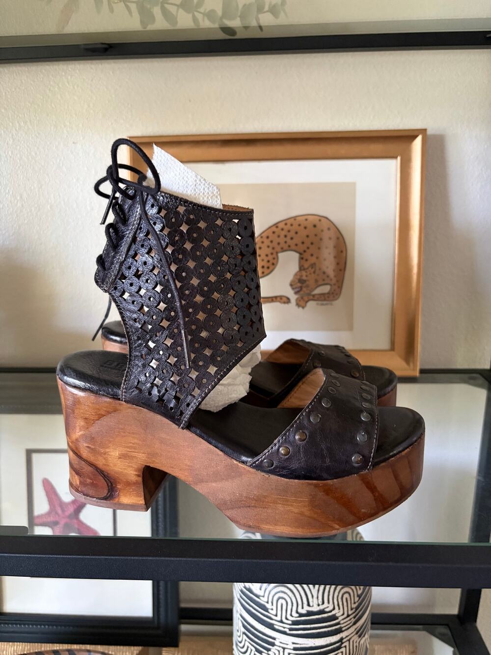 BED STU Leather Platform Sandals Wood Heel Lace Up Studded Brown Womens 7